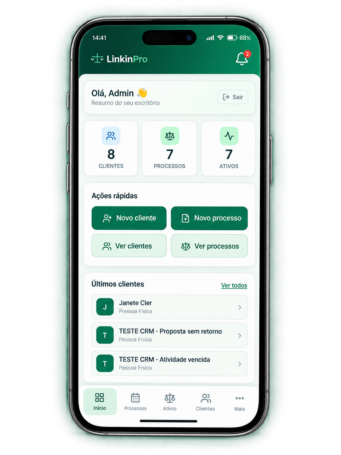 Tela do LinkinPro Mobile mostrando o dashboard do escritório, com clientes, processos e atividade recente